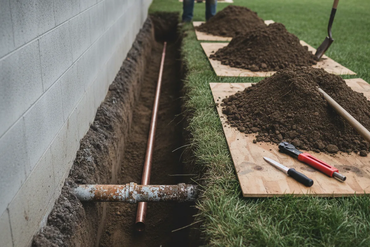 Excavated water line trench during Water Softener Installation in Camden